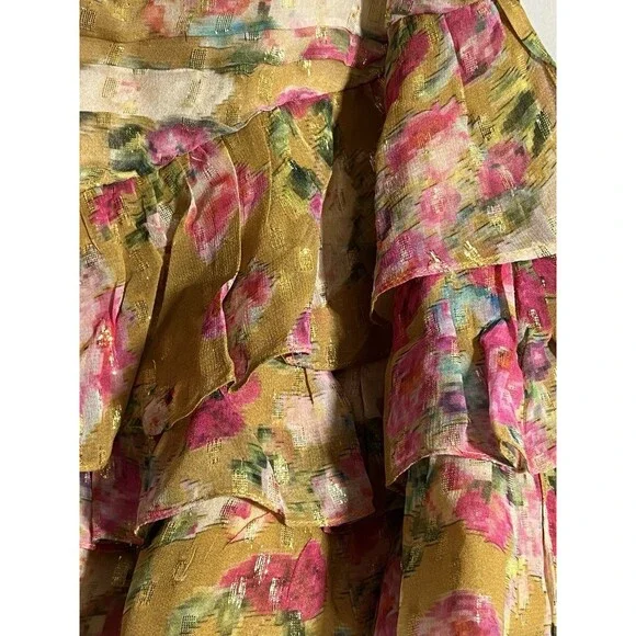 Rococo Sand Skirt Woman's S Mini Silk Floral Gold Details Ruffles Pleated B - Picture 2 of 8
